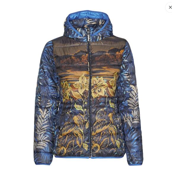 Desigual Blue Floral Puffer Padded Women's Ankor Jacket w Hood - US Size M - NWT - Picture 1 of 16